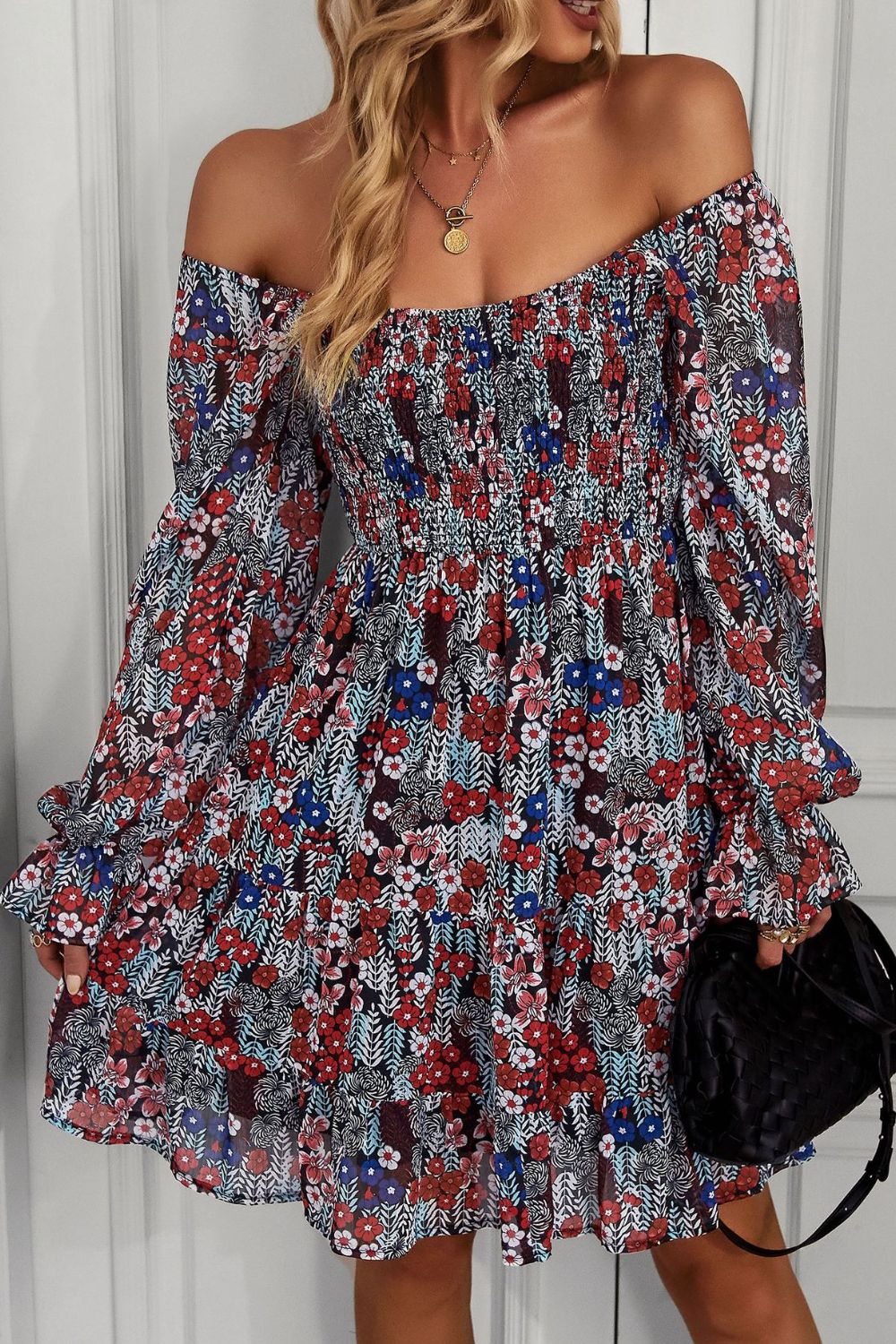 Floral Long Flounce Sleeve Square Neck Dress  Dresses- Doll Fits
