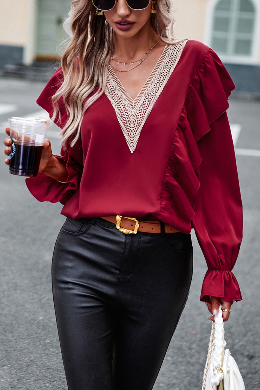 V-Neck Flounce Sleeve Ruffle Trim Blouse  - Doll Fits