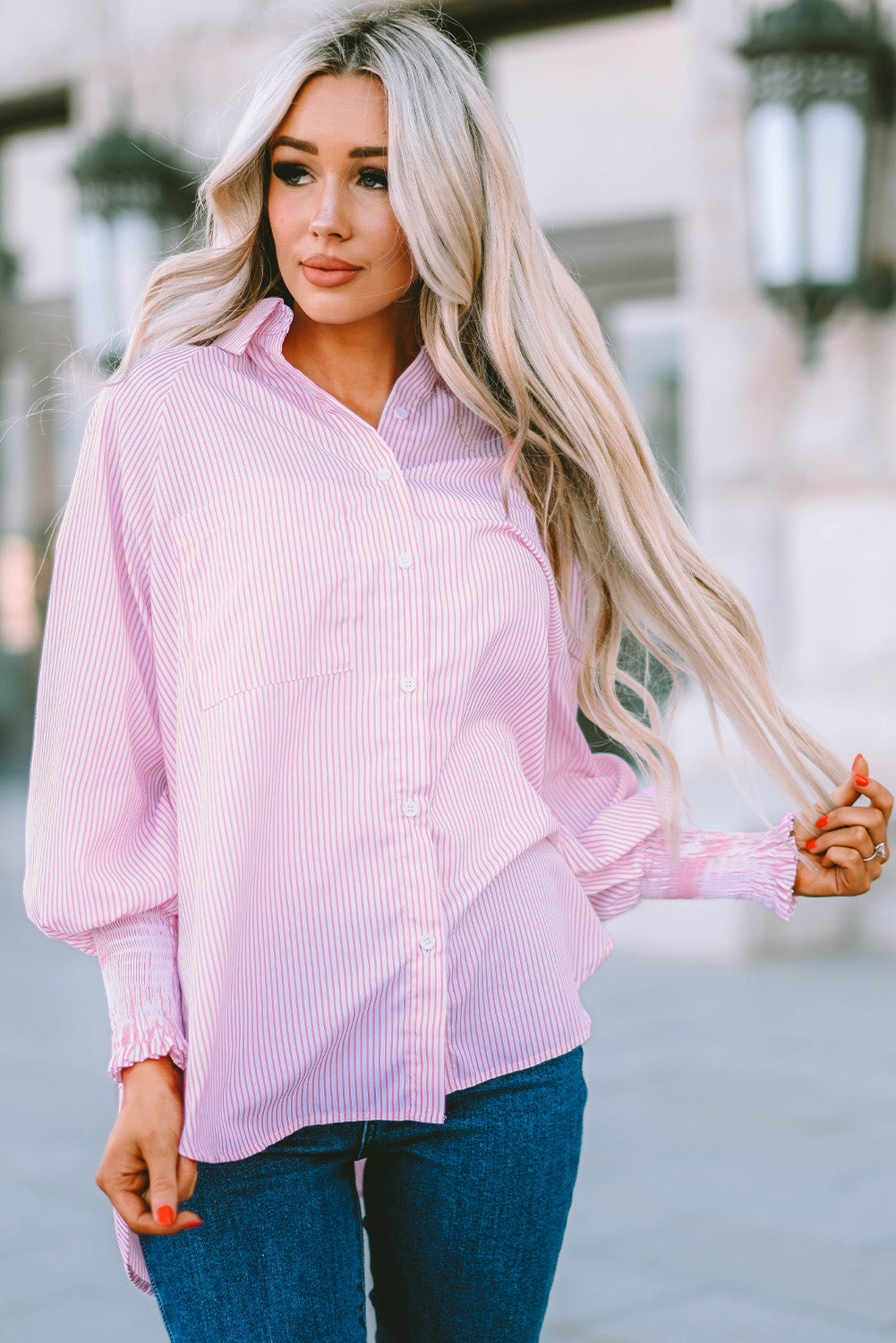 Striped Lantern Sleeve Collared Shirt  Shirts & Tops- Doll Fits