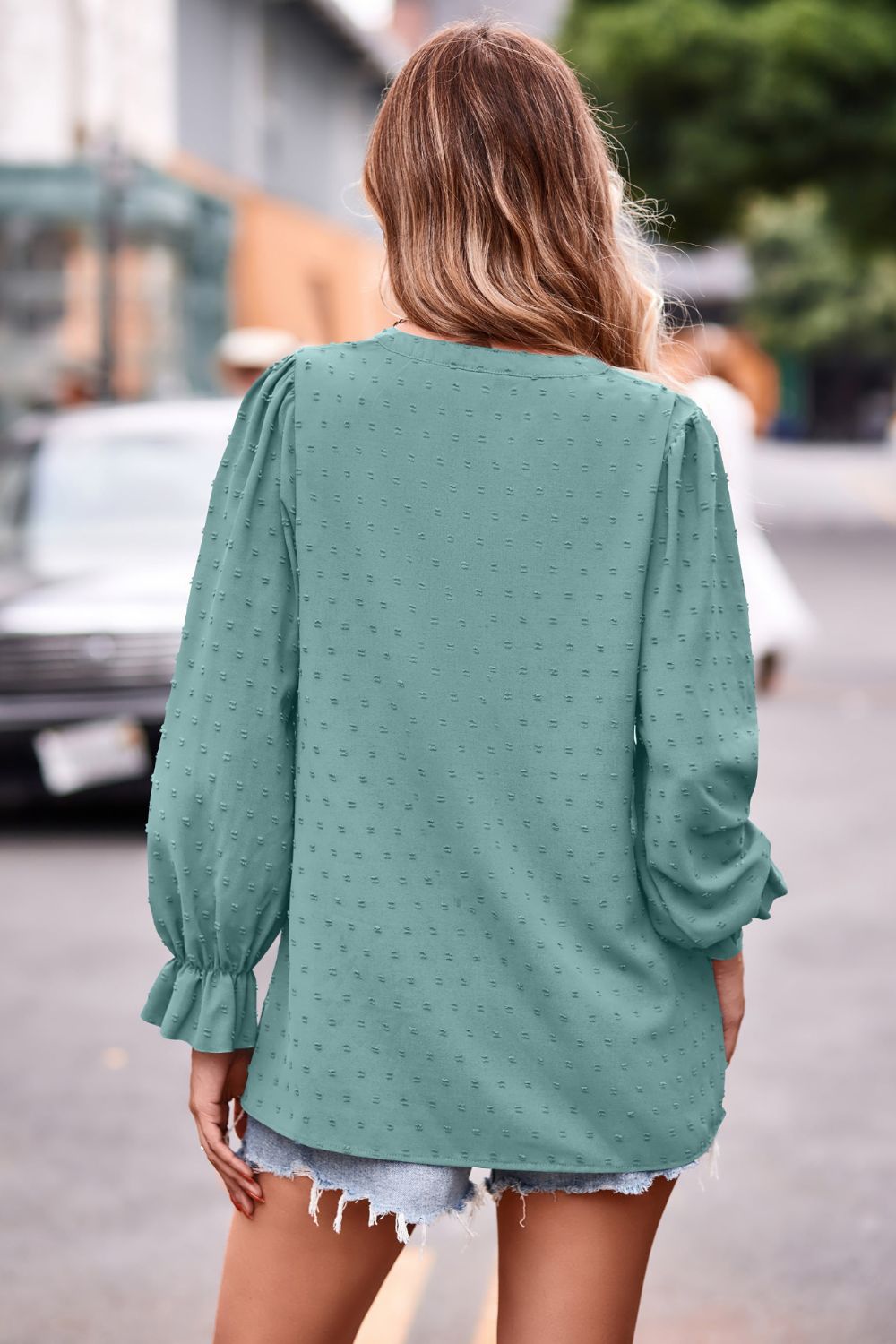 Swiss Dot Notched Neck Flounce Sleeve Blouse  - Doll Fits