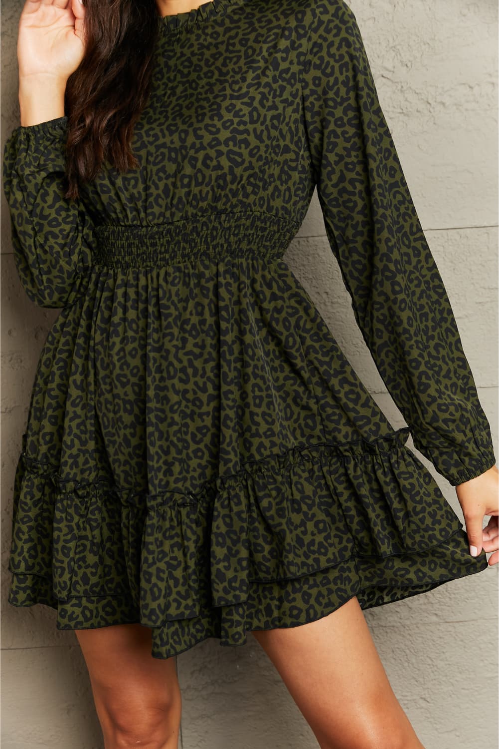 Leopard Smock Waist Long Sleeve Dress  Dresses- Doll Fits