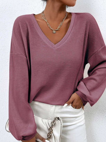 Waffle-Knit V-Neck Top