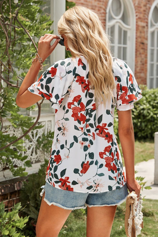 Floral Tie Neck Short Sleeve Shirt  Shirts & Tops- Doll Fits