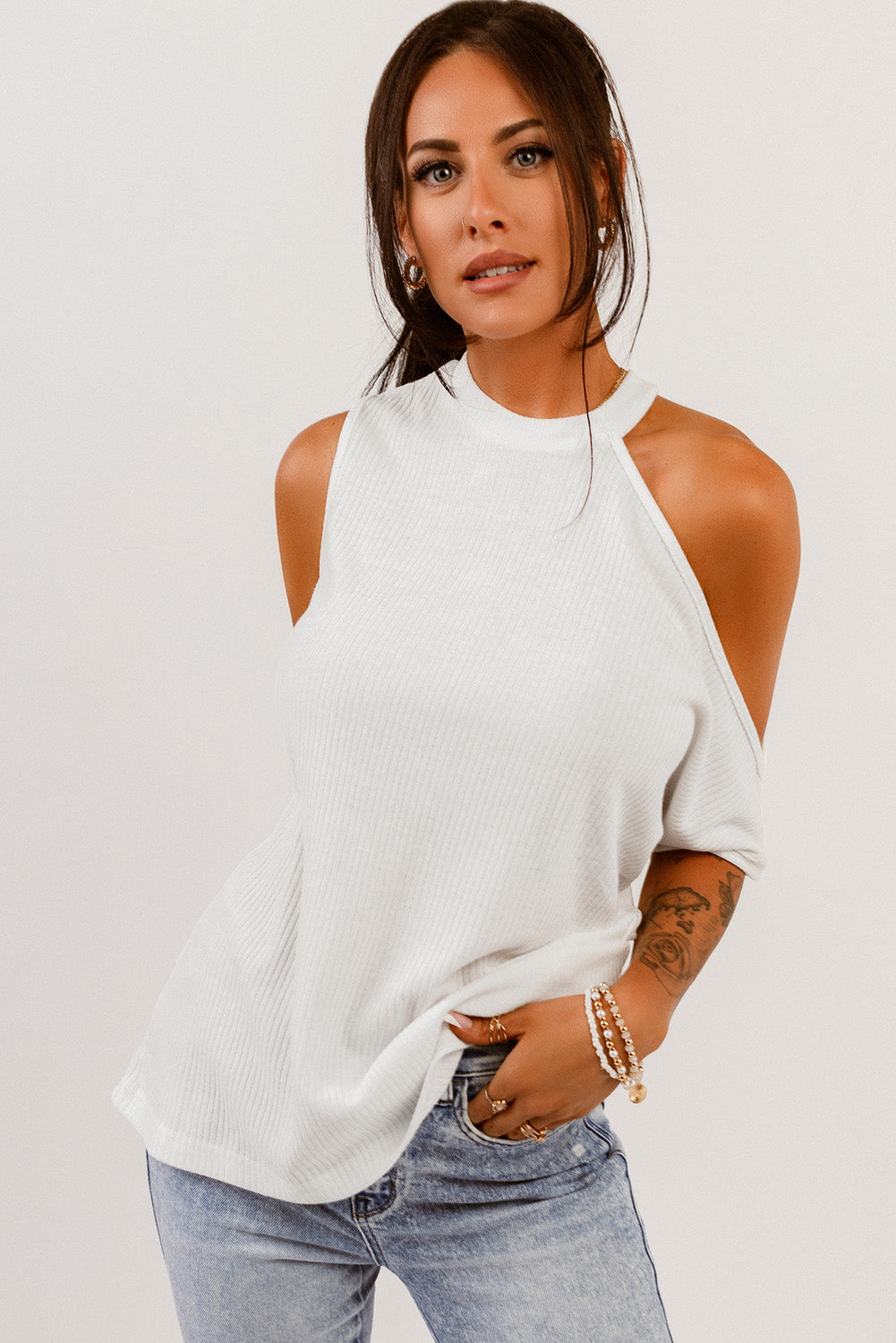 Ribbed Zip-Back Cold-Shoulder Top  Shirts & Tops- Doll Fits