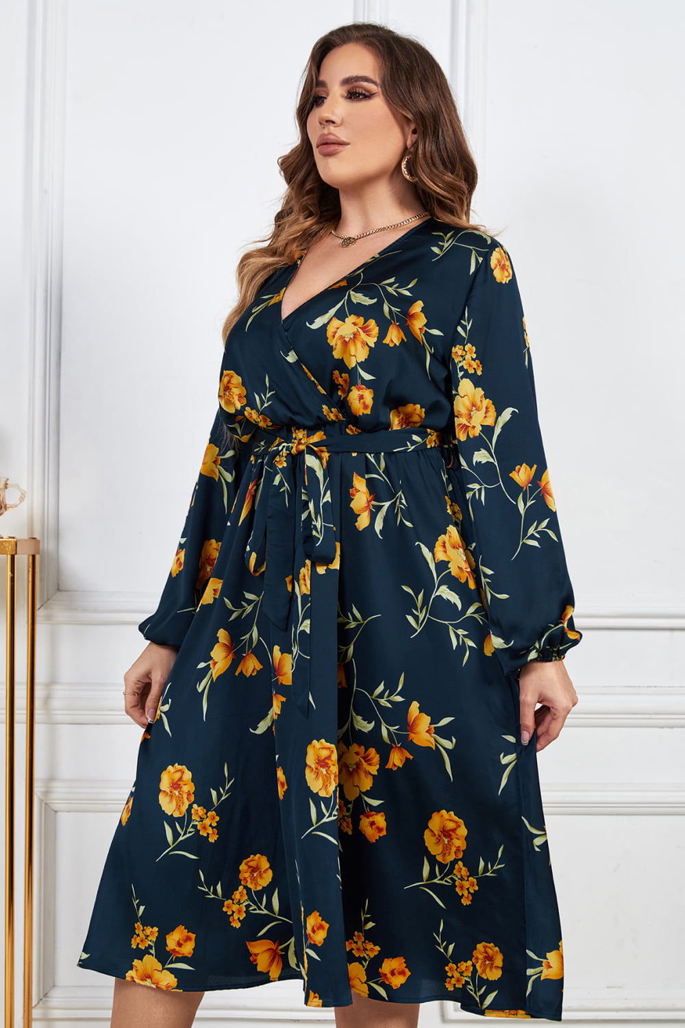 Melo Apparel Plus Size Floral Print Surplice Neck Midi Dress  Dresses- Doll Fits