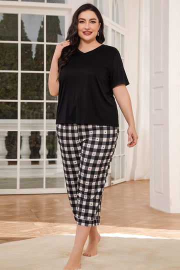 V-Neck Tee and Plaid Cropped Pants Lounge Set  Sleepwear & Loungewear- Doll Fits