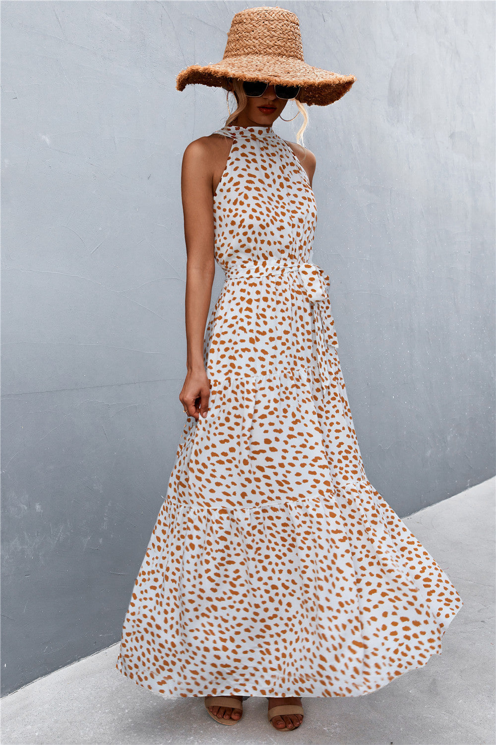 Printed Sleeveless Tie Waist Maxi Dress  Dresses- Doll Fits