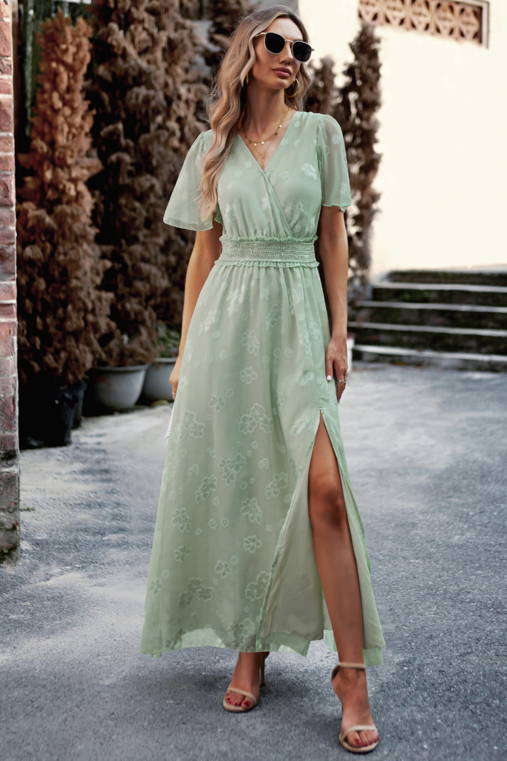 Floral Print V-Neck Smocked Waist High Slit Maxi Dress  Dresses- Doll Fits
