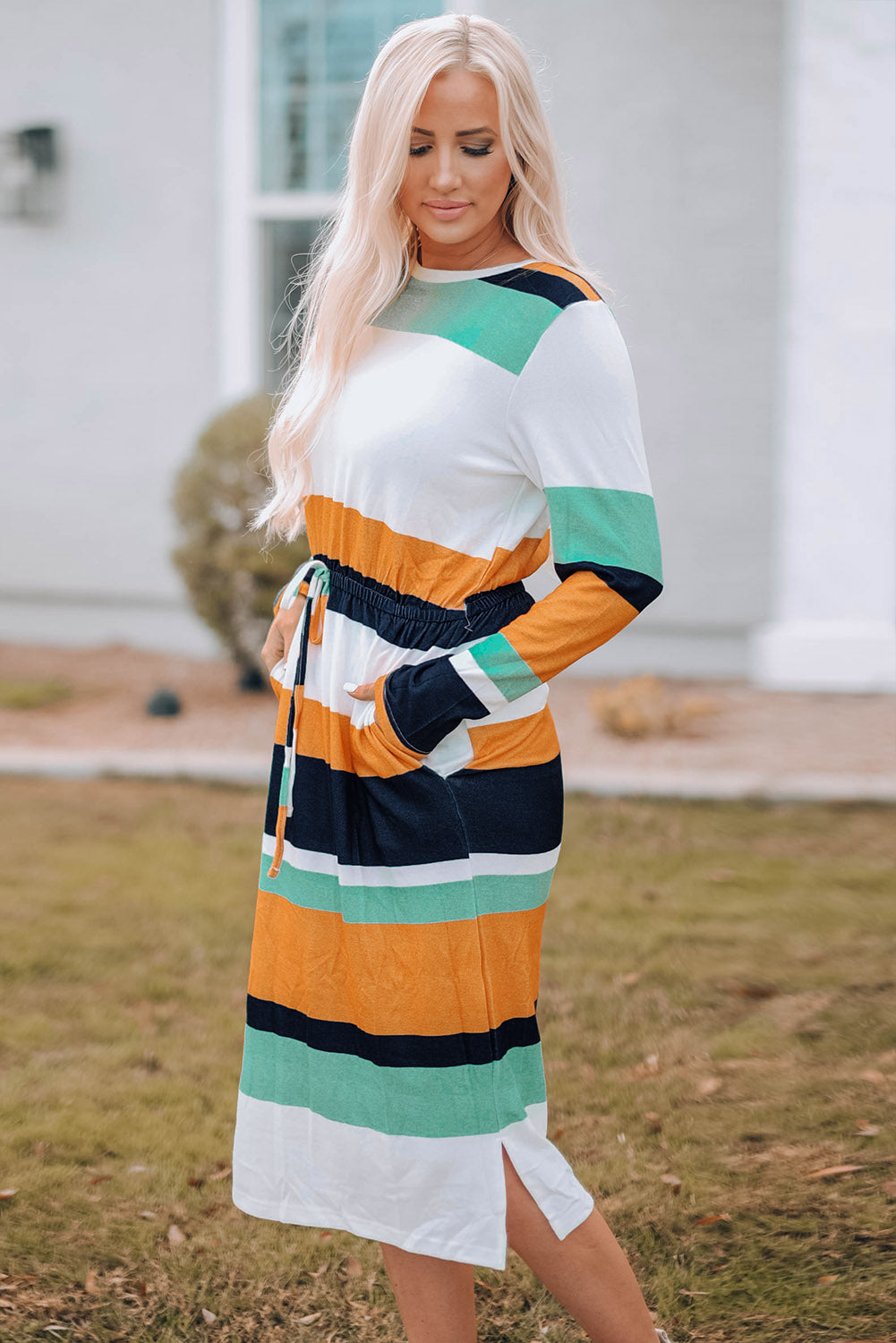 Striped Drawstring Waist Side Slit Midi Dress  Dresses- Doll Fits