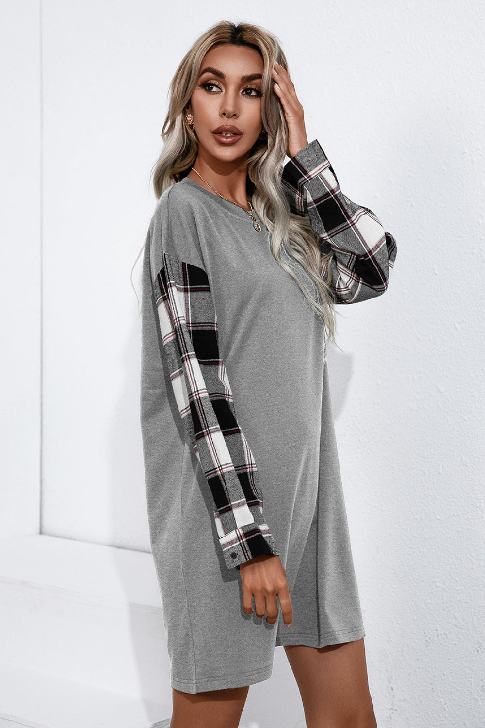 Palmer Plaid Sleeve Contrast T-Shirt Dress  Dresses- Doll Fits