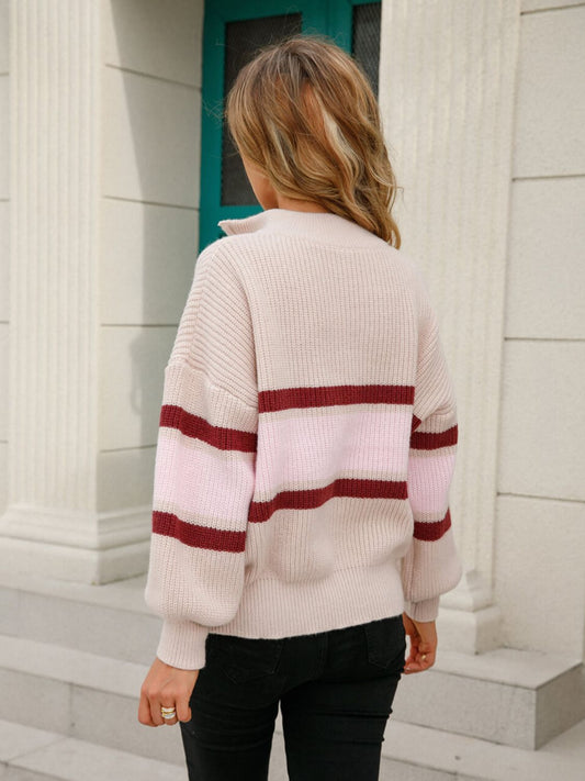 Striped Quarter-Zip Lantern Sleeve Sweater  Shirts & Tops- Doll Fits
