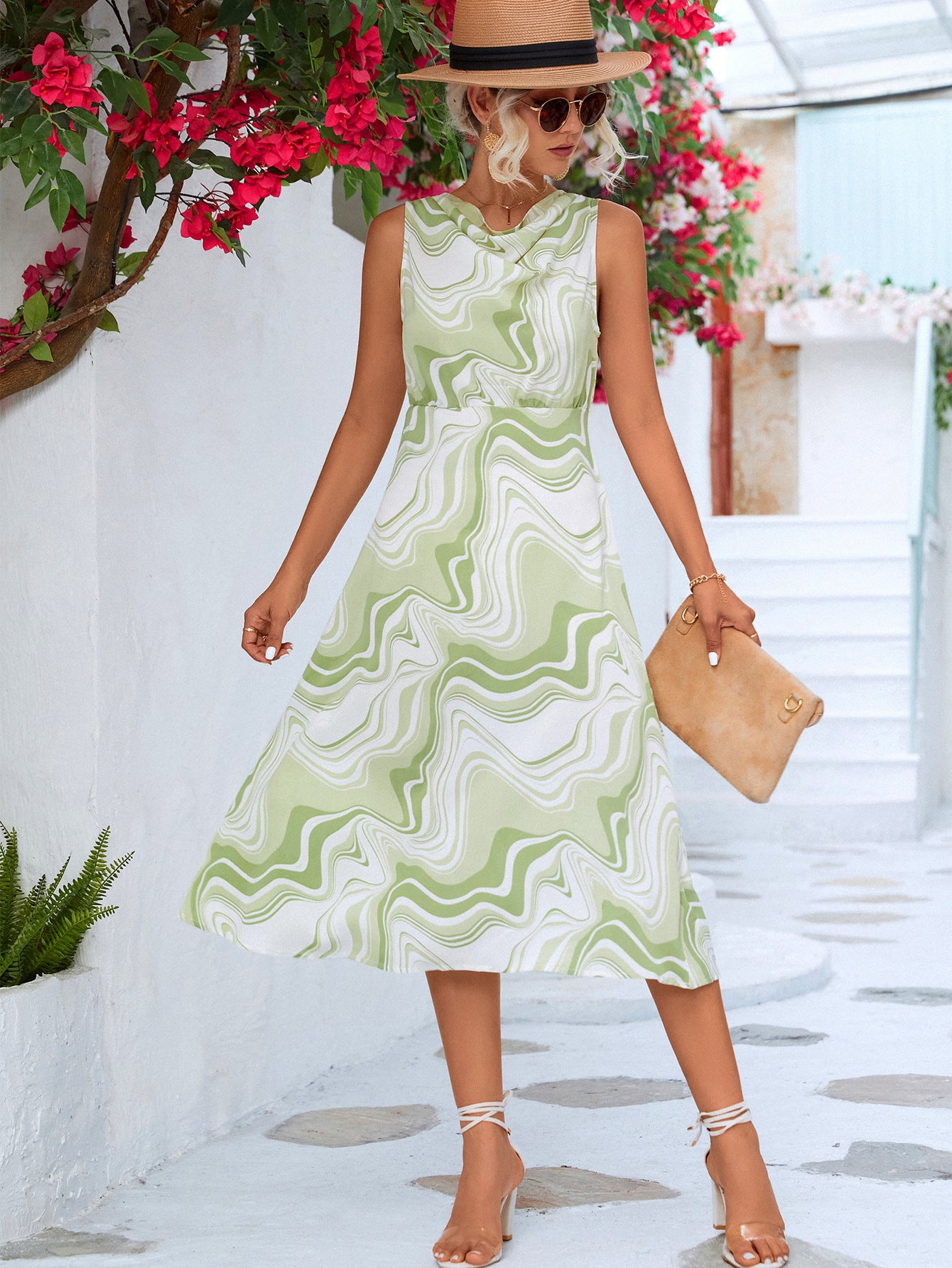 Printed Cowl Neck Sleeveless Dress  Dresses- Doll Fits