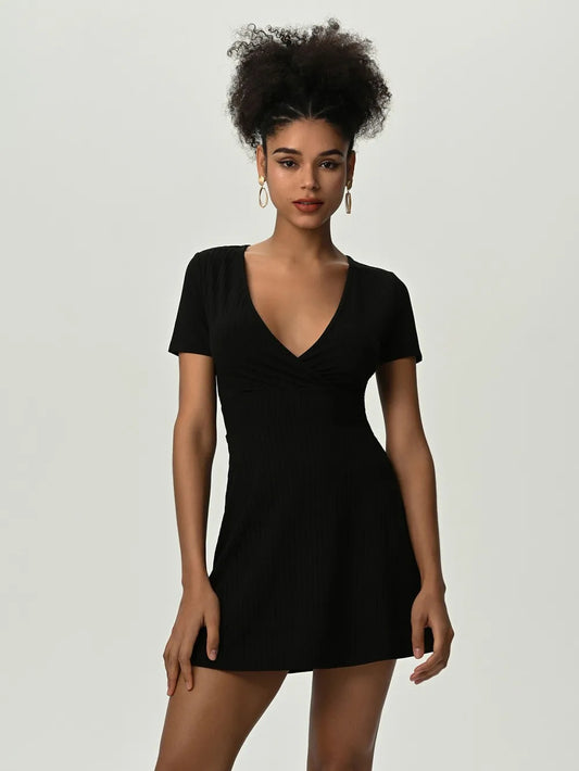 Deep V Short Sleeve Mini Dress  Dresses- Doll Fits