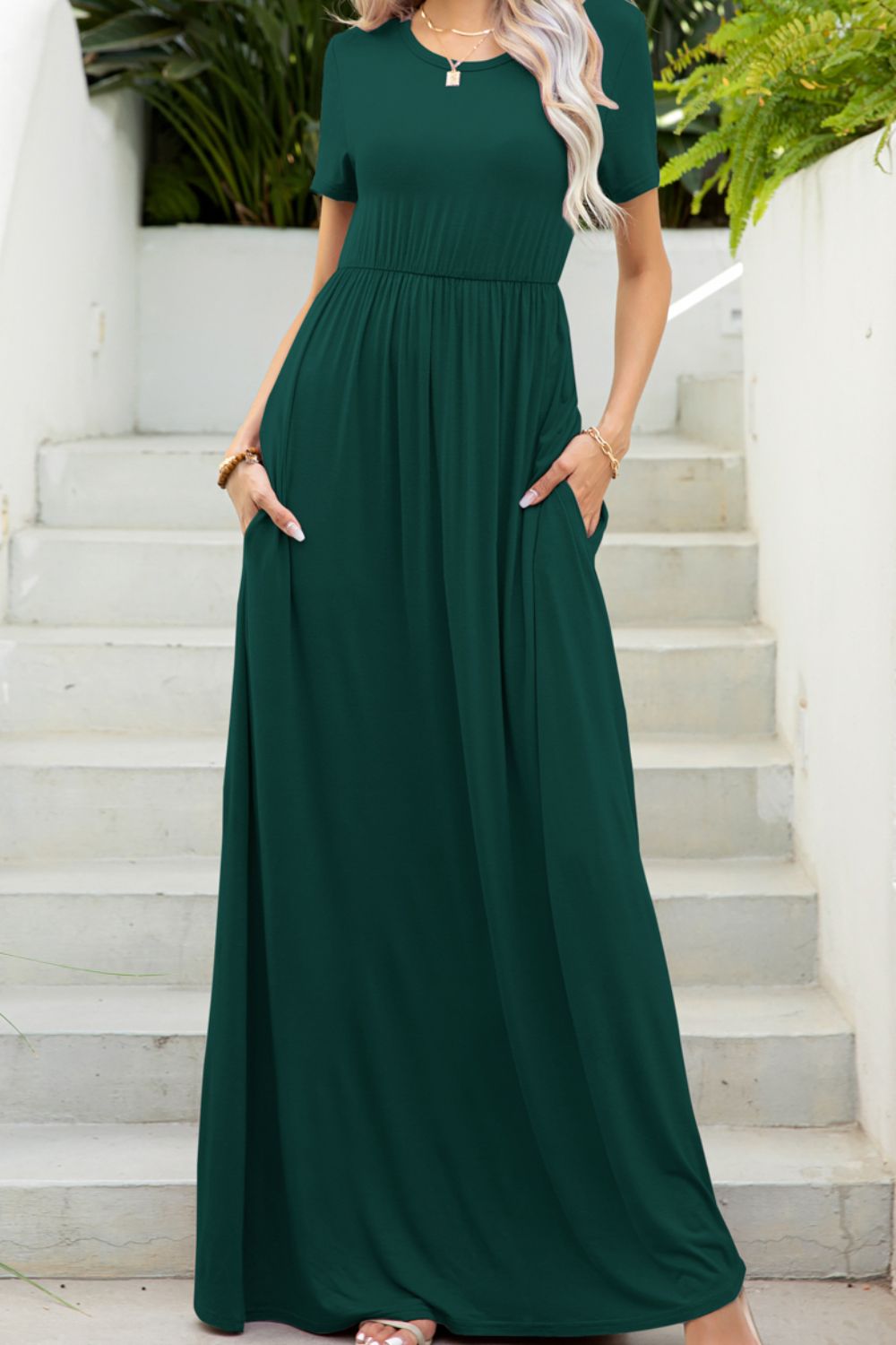 Round Neck Maxi Tee Dress with Pockets  Dresses- Doll Fits