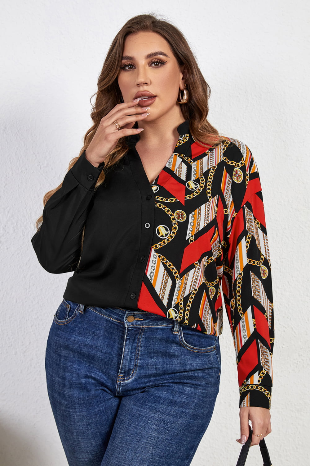 Melo Apparel Plus Size Contrast Color Notched Neck Shirt  - Doll Fits