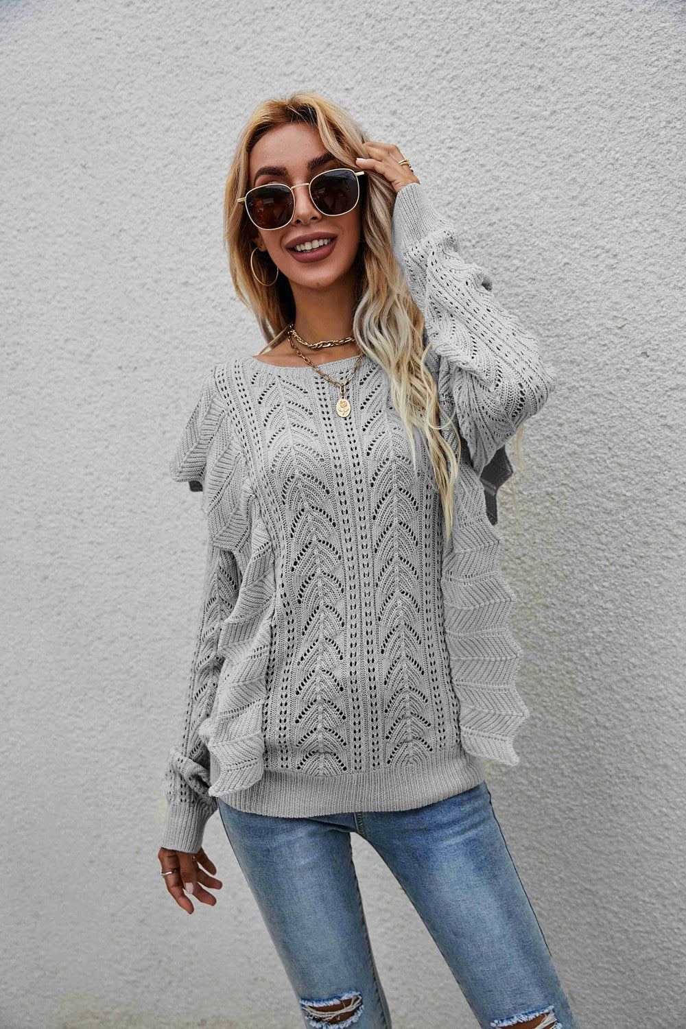 Openwork Round Neck Ruffled Sweater  Shirts & Tops- Doll Fits