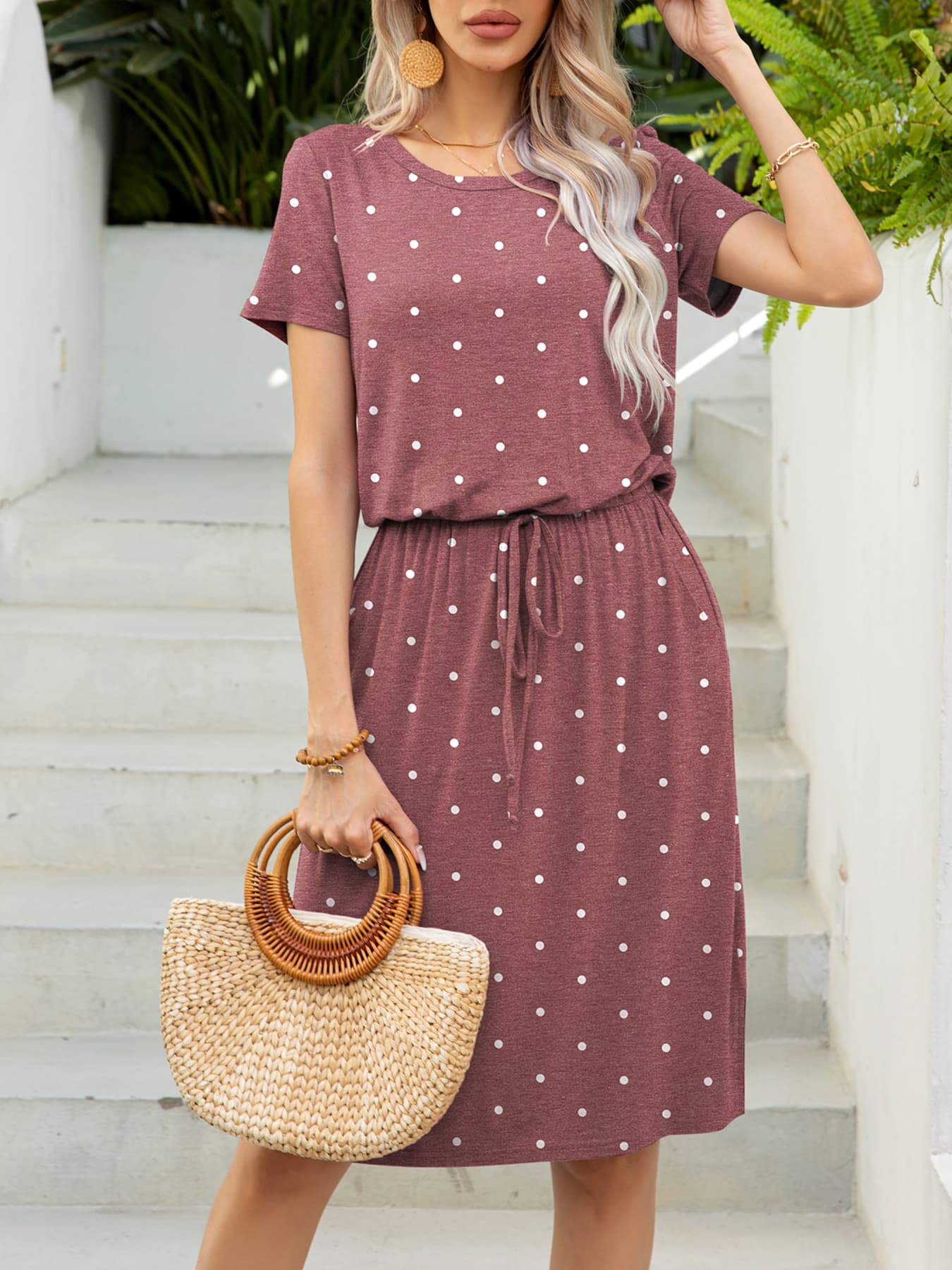 Round Neck Short Sleeve Slit Dress with Pockets  Dresses- Doll Fits