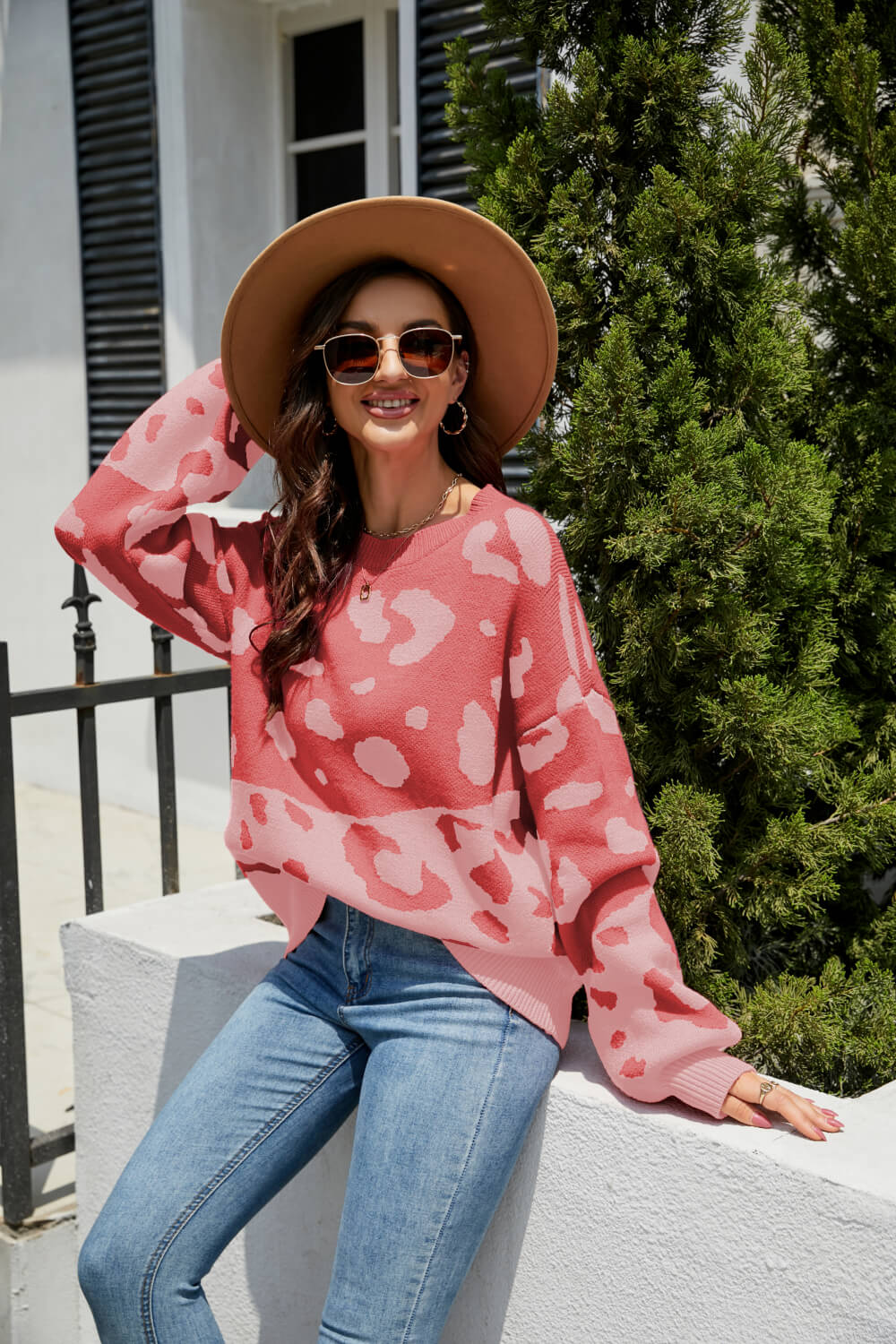 Leopard Ribbed Trim Dropped Shoulder Sweater  Shirts & Tops- Doll Fits