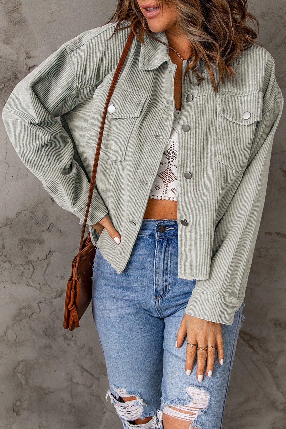Raw Hem Button Down Corduroy Jacket with Pockets  Coats & Jackets- Doll Fits