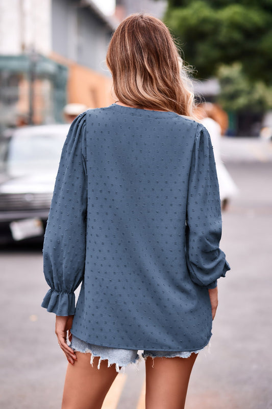 Swiss Dot Notched Neck Flounce Sleeve Blouse  - Doll Fits