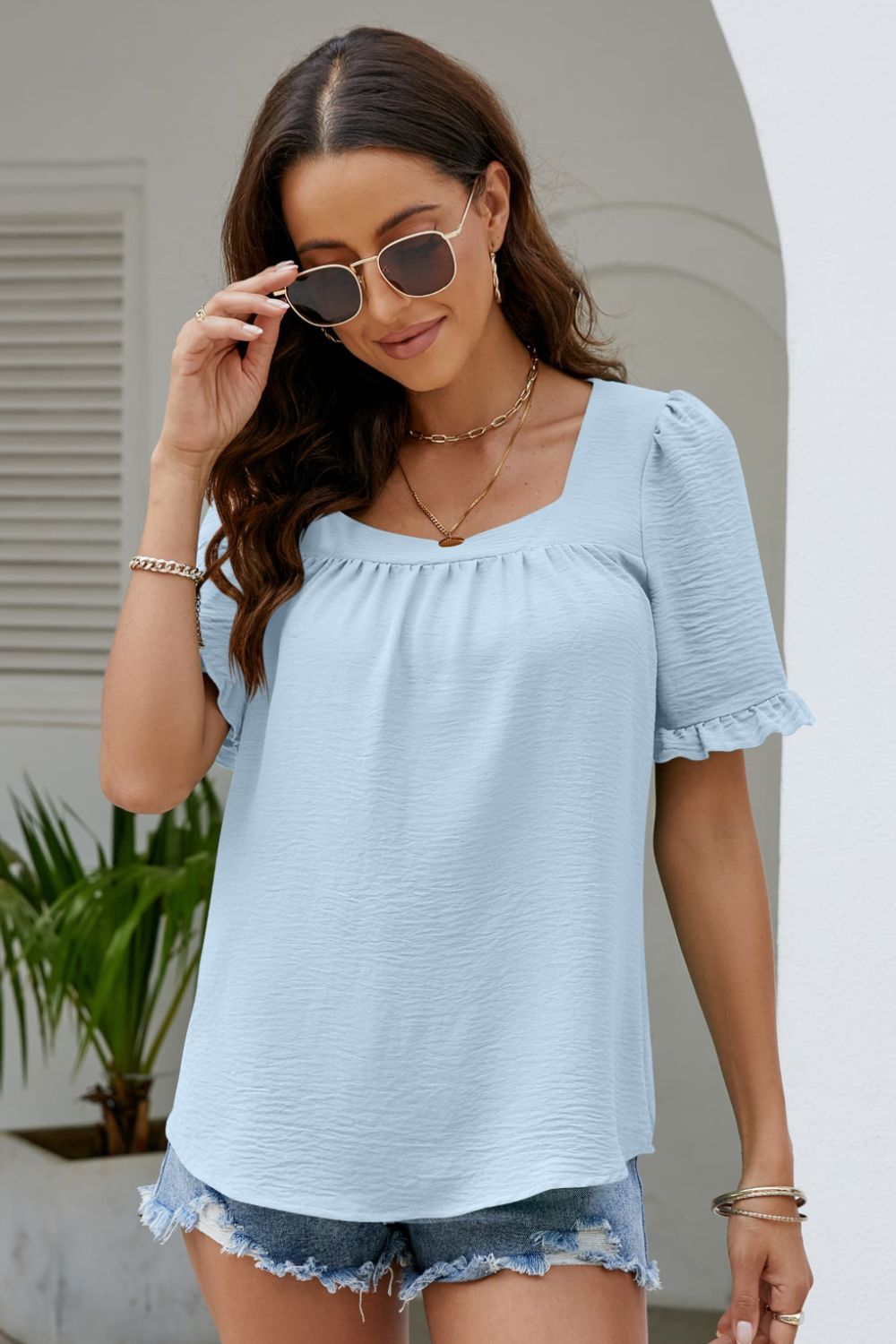Frill Trim Puff Sleeve Square Neck Blouse  Shirts & Tops- Doll Fits