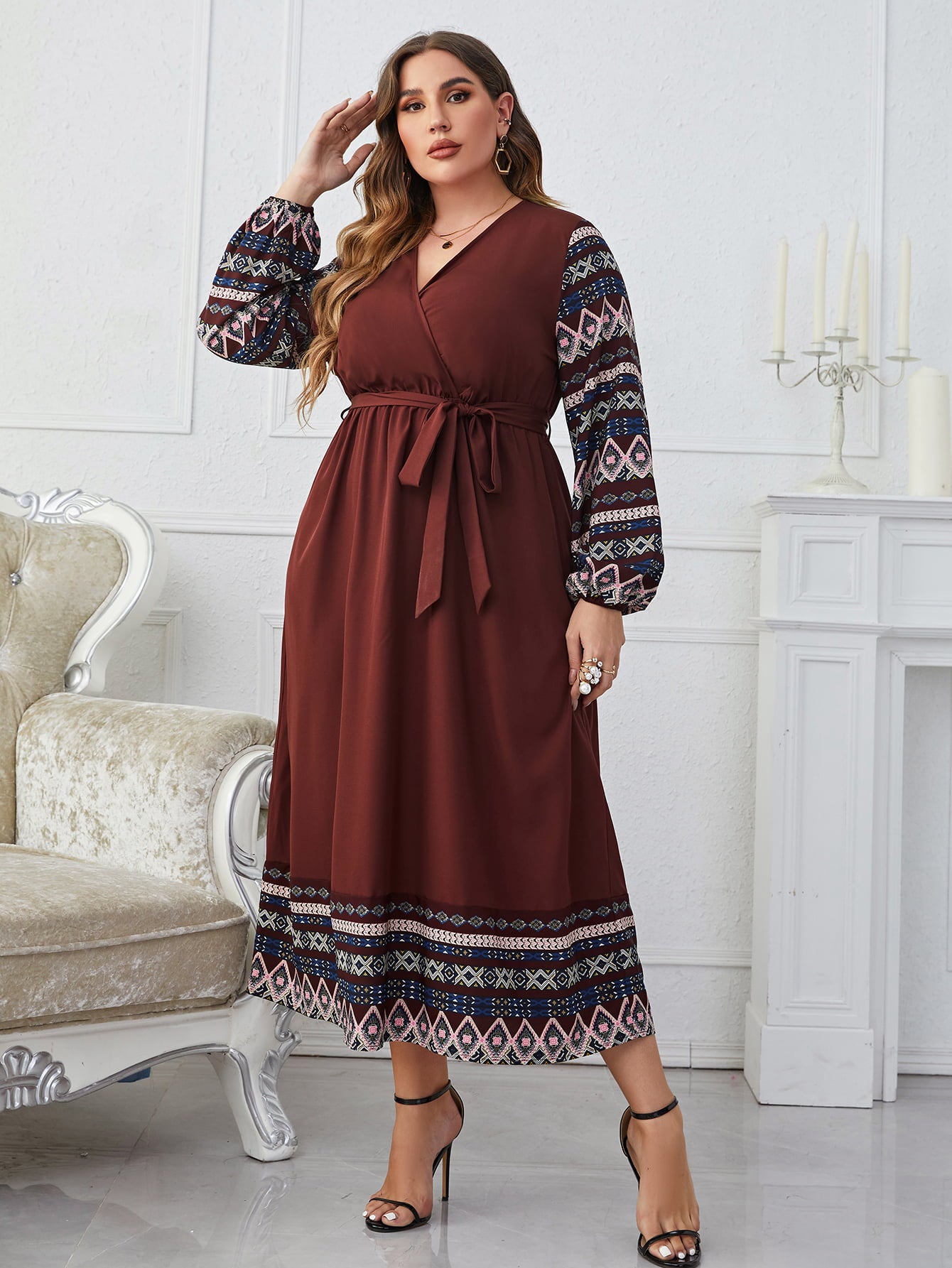 Melo Apparel Plus Size Surplice Neck Tie Belt Balloon Sleeve Dress  Dresses- Doll Fits