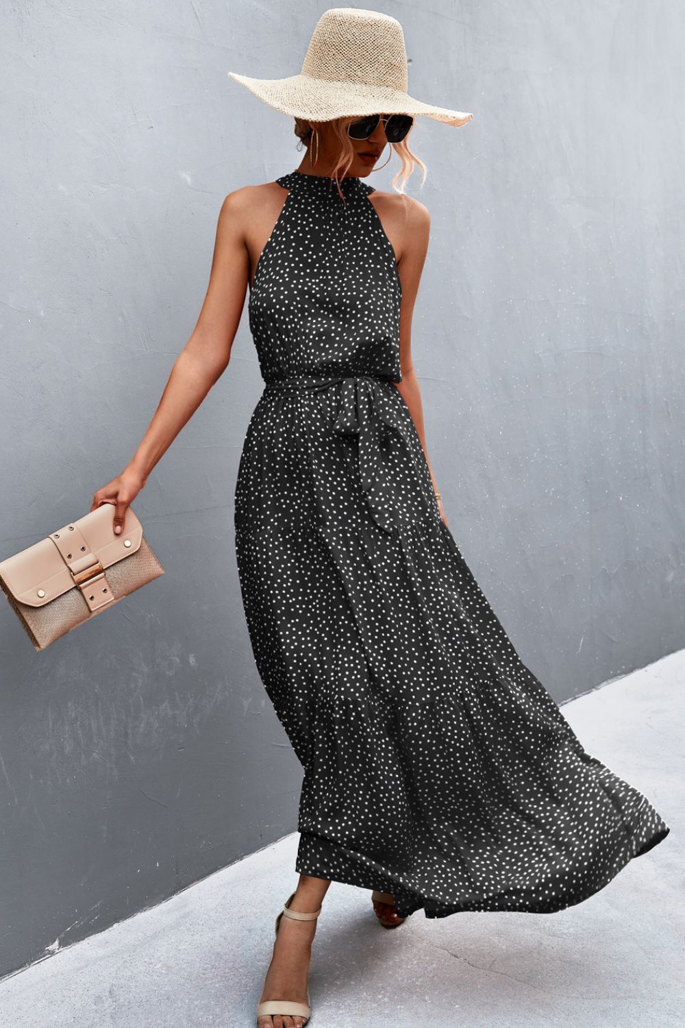 Printed Sleeveless Tie Waist Maxi Dress  Dresses- Doll Fits