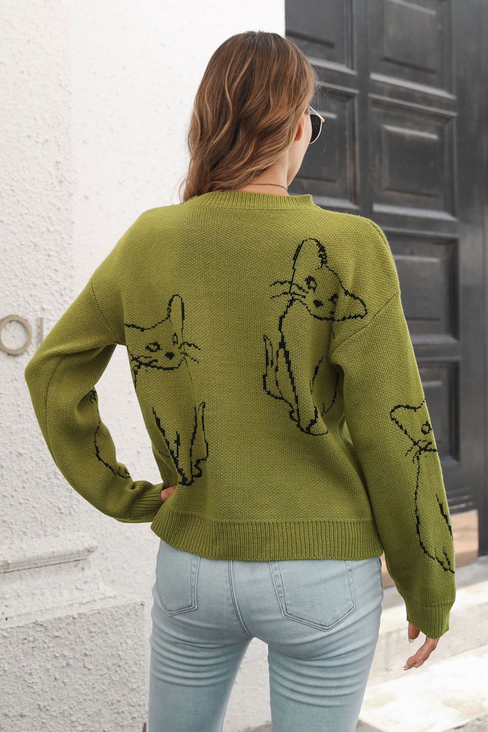 Cat Pattern Round Neck Long Sleeve Pullover Sweater  - Doll Fits