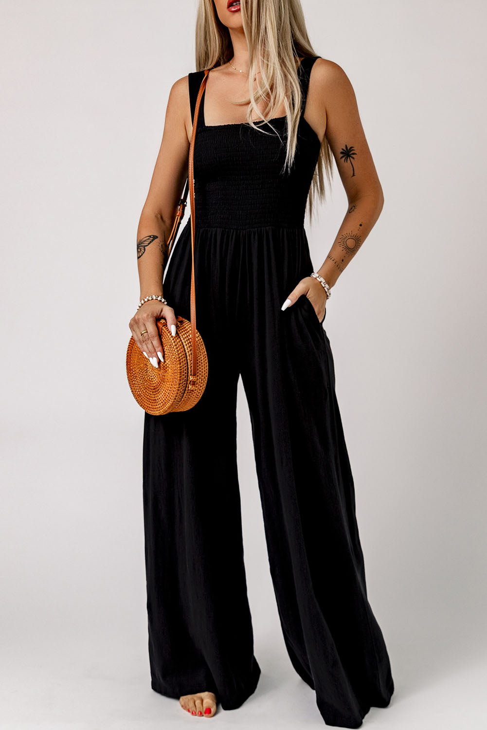 Smocked Square Neck Wide Leg Jumpsuit with Pockets  Jumpsuits & Rompers- Doll Fits