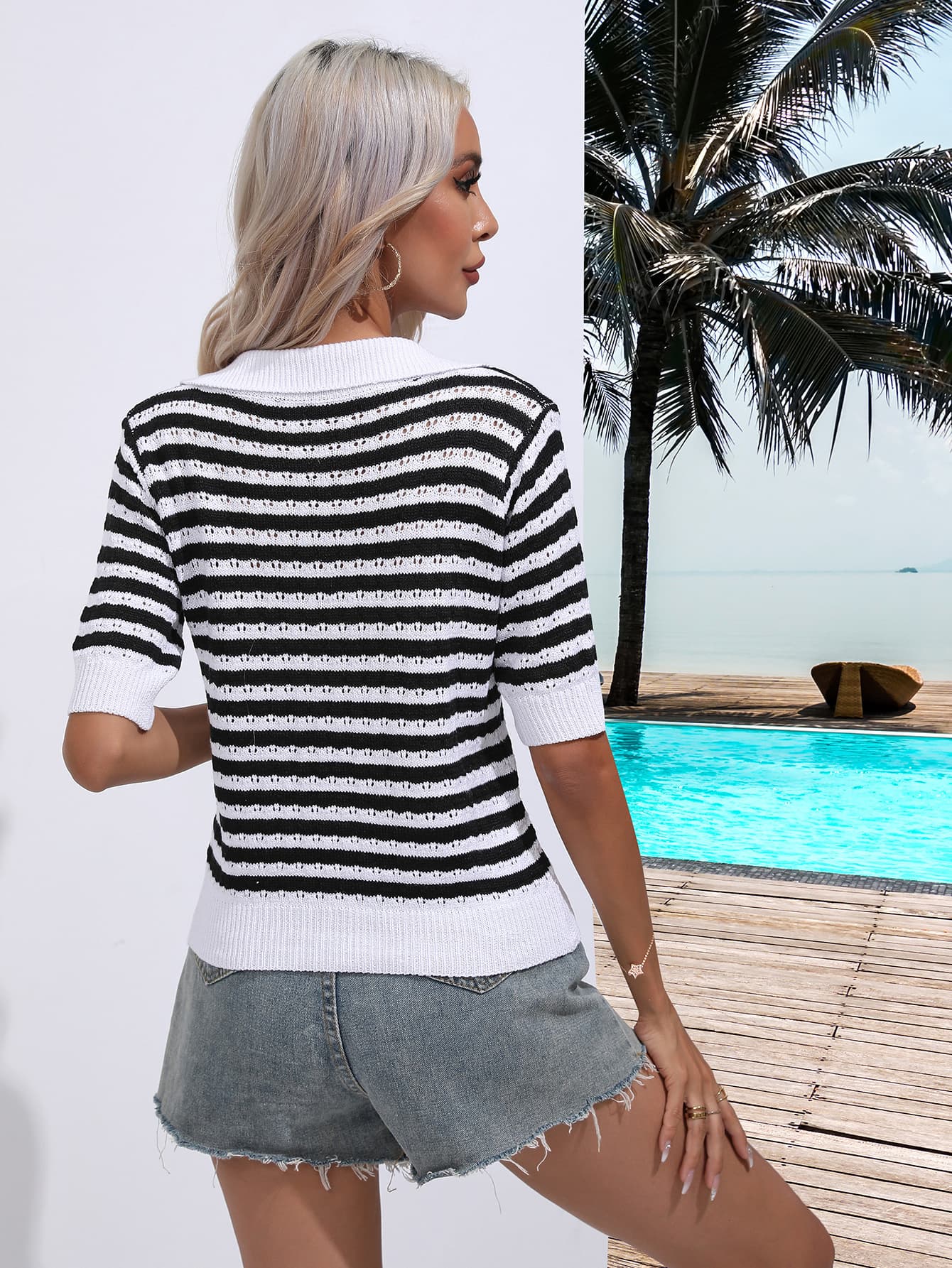 Striped Johnny Collar Half Sleeve Knit Top  Shirts & Tops- Doll Fits