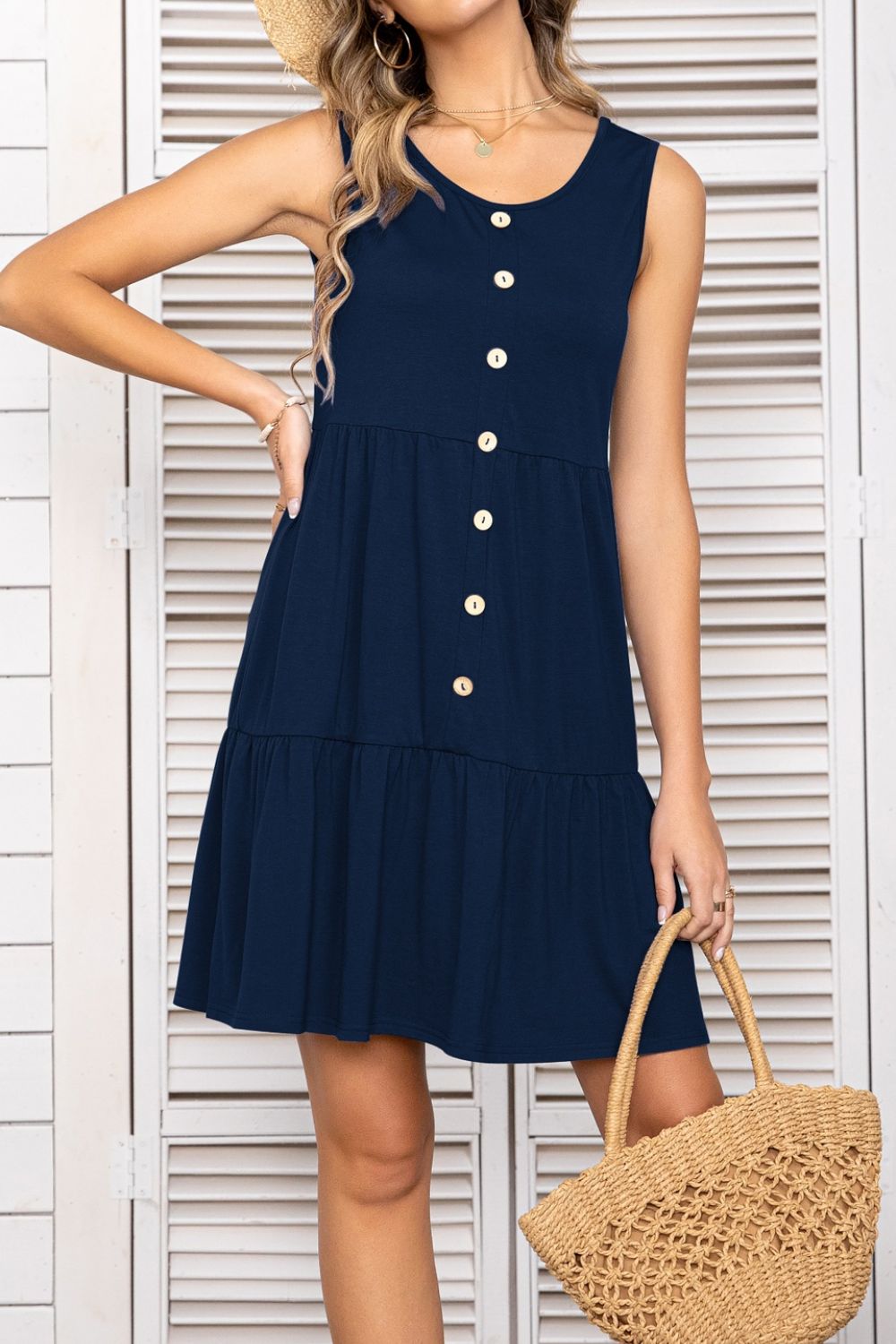 Decorative Button Scoop Neck Sleeveless Tiered Dress  Dresses- Doll Fits