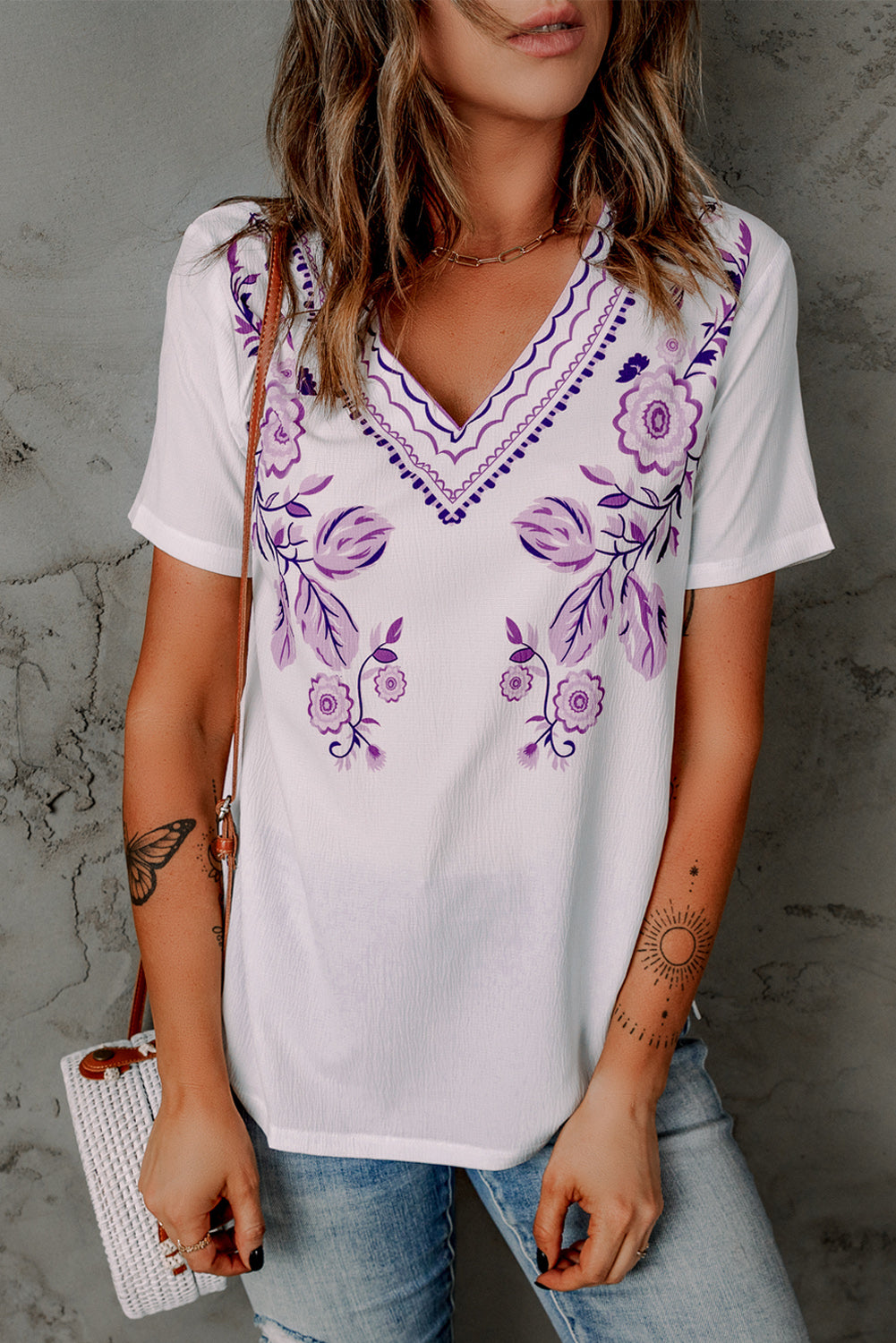 Floral Embroidery V-Neck Top  Shirts & Tops- Doll Fits