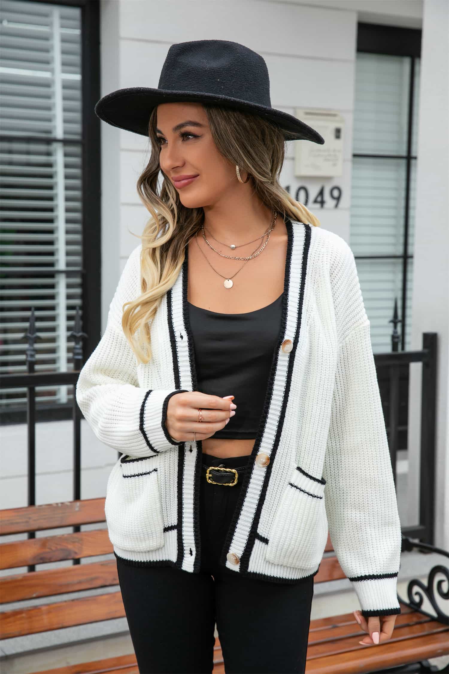 Waffle Knit V-Neck Cardigan with Pocket  - Doll Fits