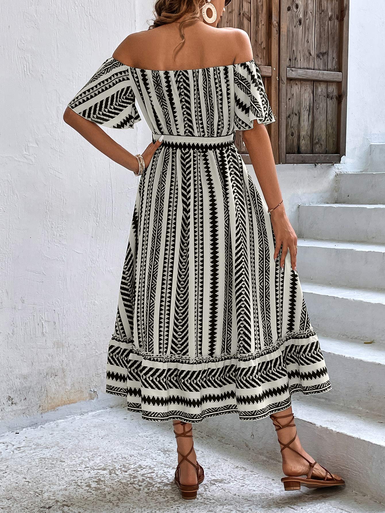 Printed Off-Shoulder Tie Belt Midi Dress  Dresses- Doll Fits