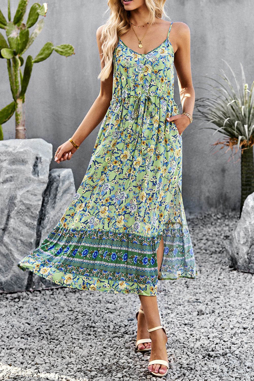 Bohemian Spaghetti Strap Drawstring Slit Dress  Dresses- Doll Fits