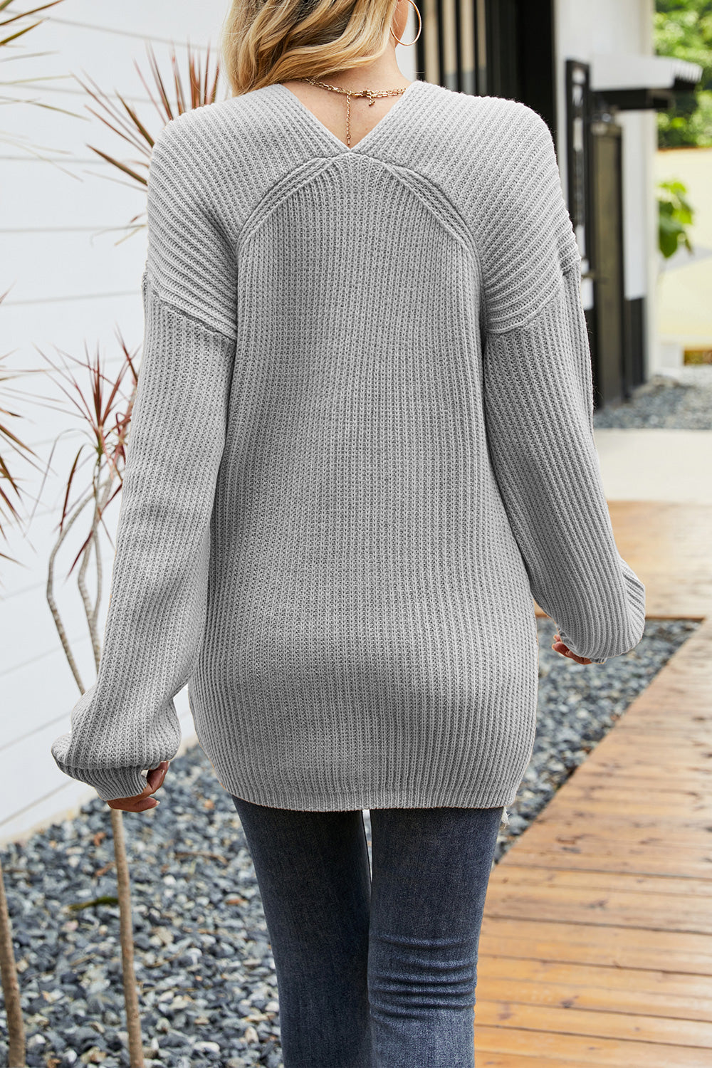 V-Neck Ribbed Dropped Shoulder Sweater  - Doll Fits