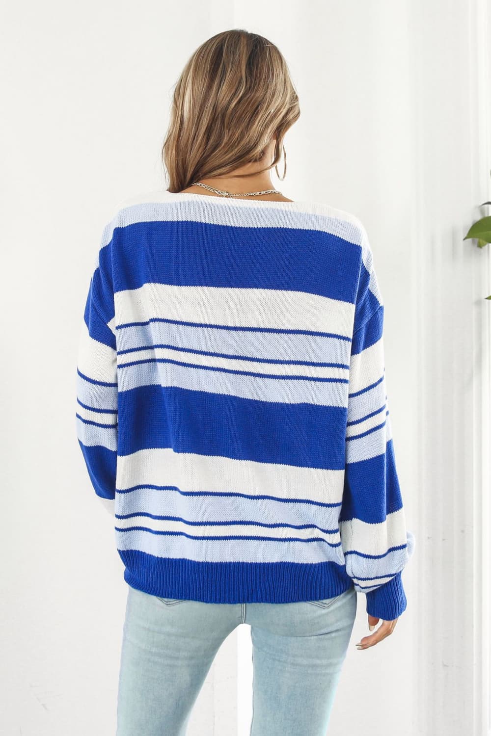 Striped V-Neck Dropped Shoulder Sweater  - Doll Fits