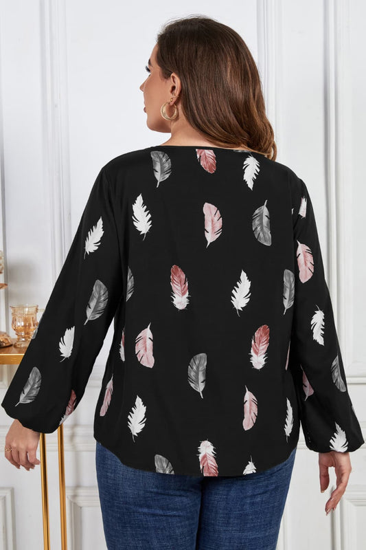 Melo Apparel Plus Size Printed Round Neck Long Sleeve Cutout Blouse  - Doll Fits