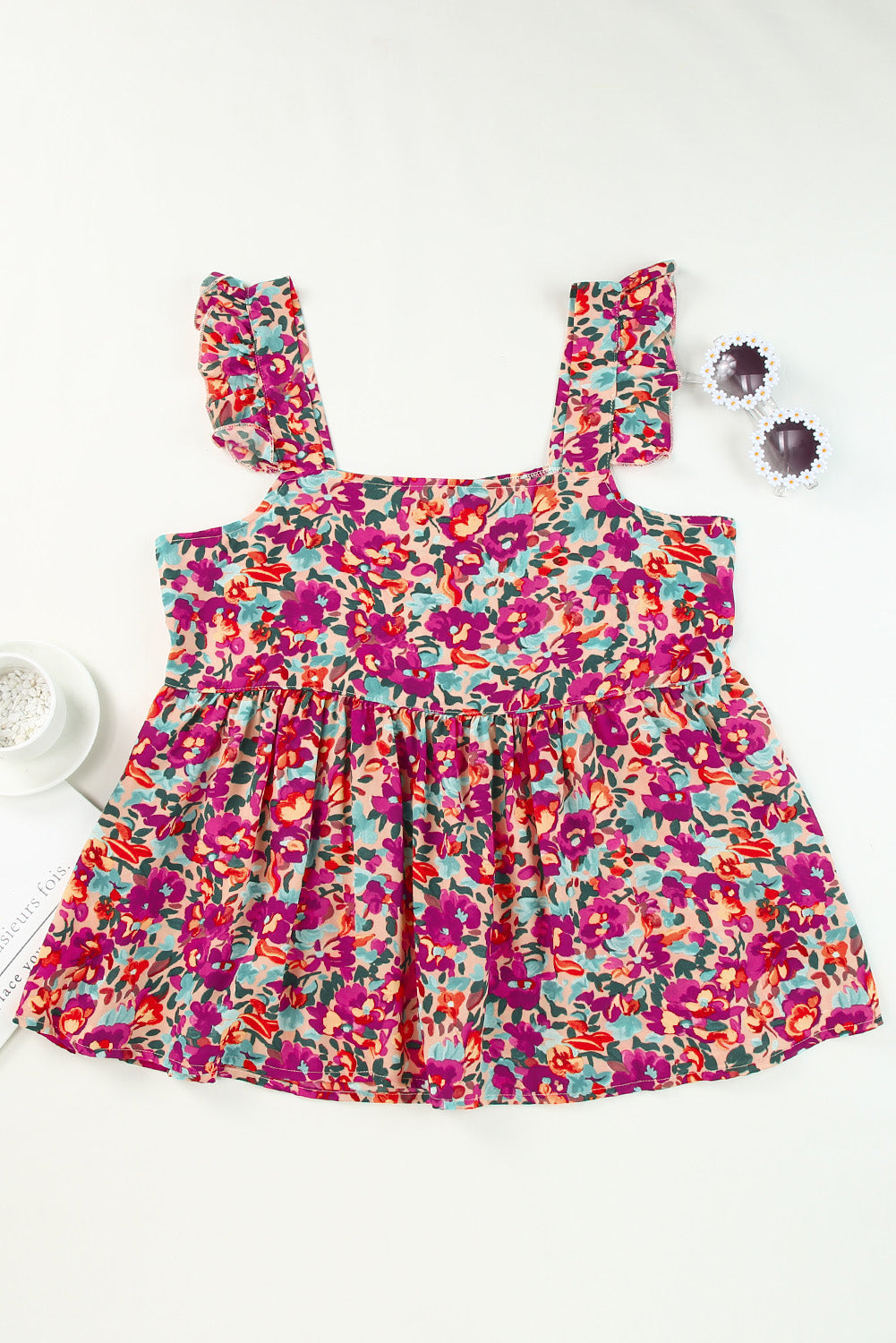 Floral Buttoned Square Neck Ruffled Tank  Shirts & Tops- Doll Fits