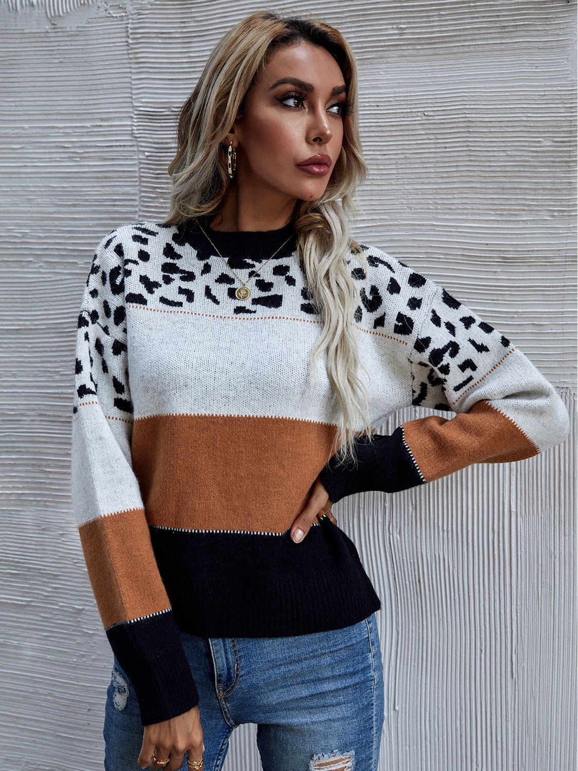 Color Block Round Neck Dropped Shoulder Sweater  - Doll Fits