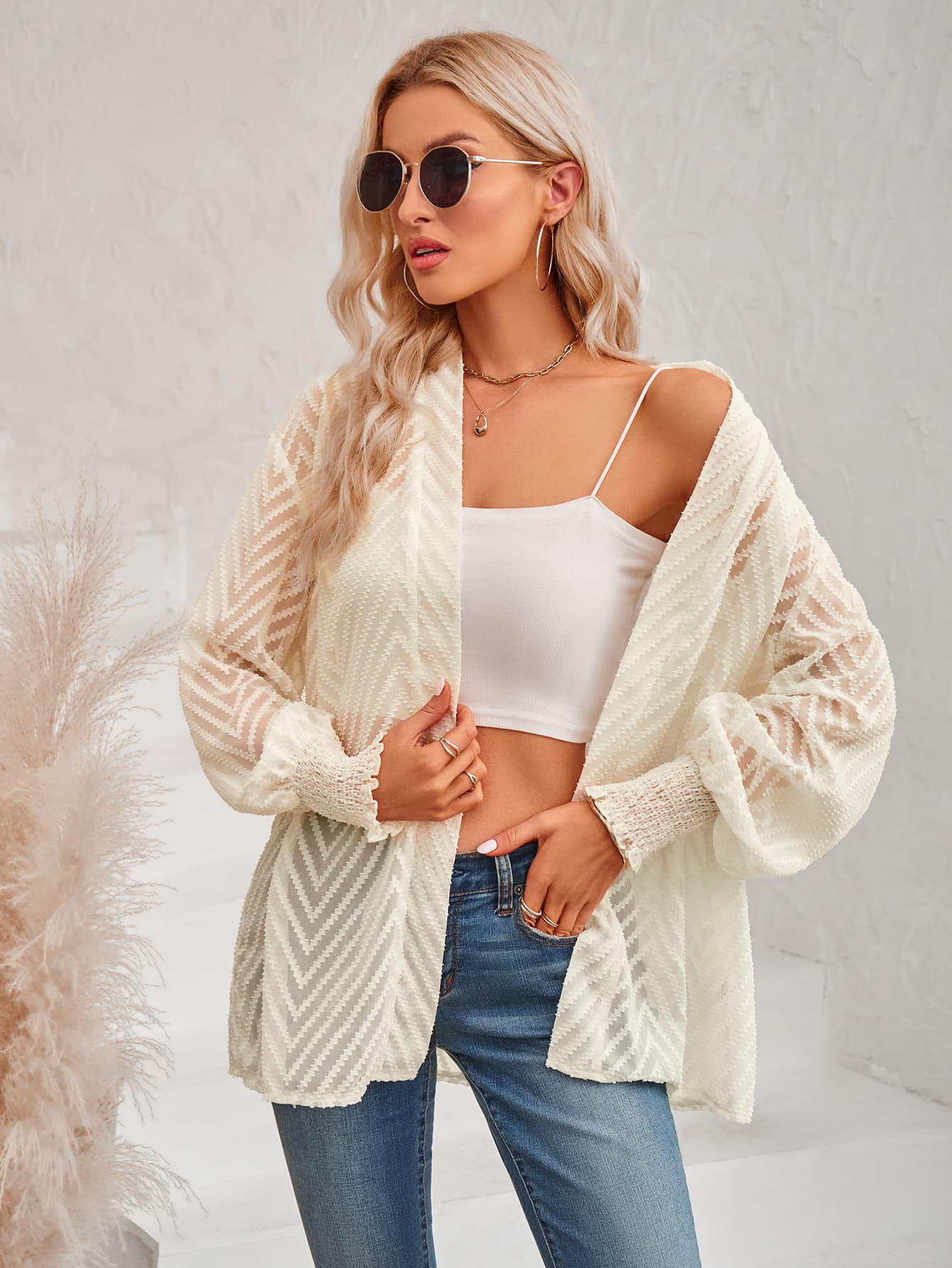 Lantern Sleeve Open Front Sheer Cardigan  Coats & Jackets- Doll Fits