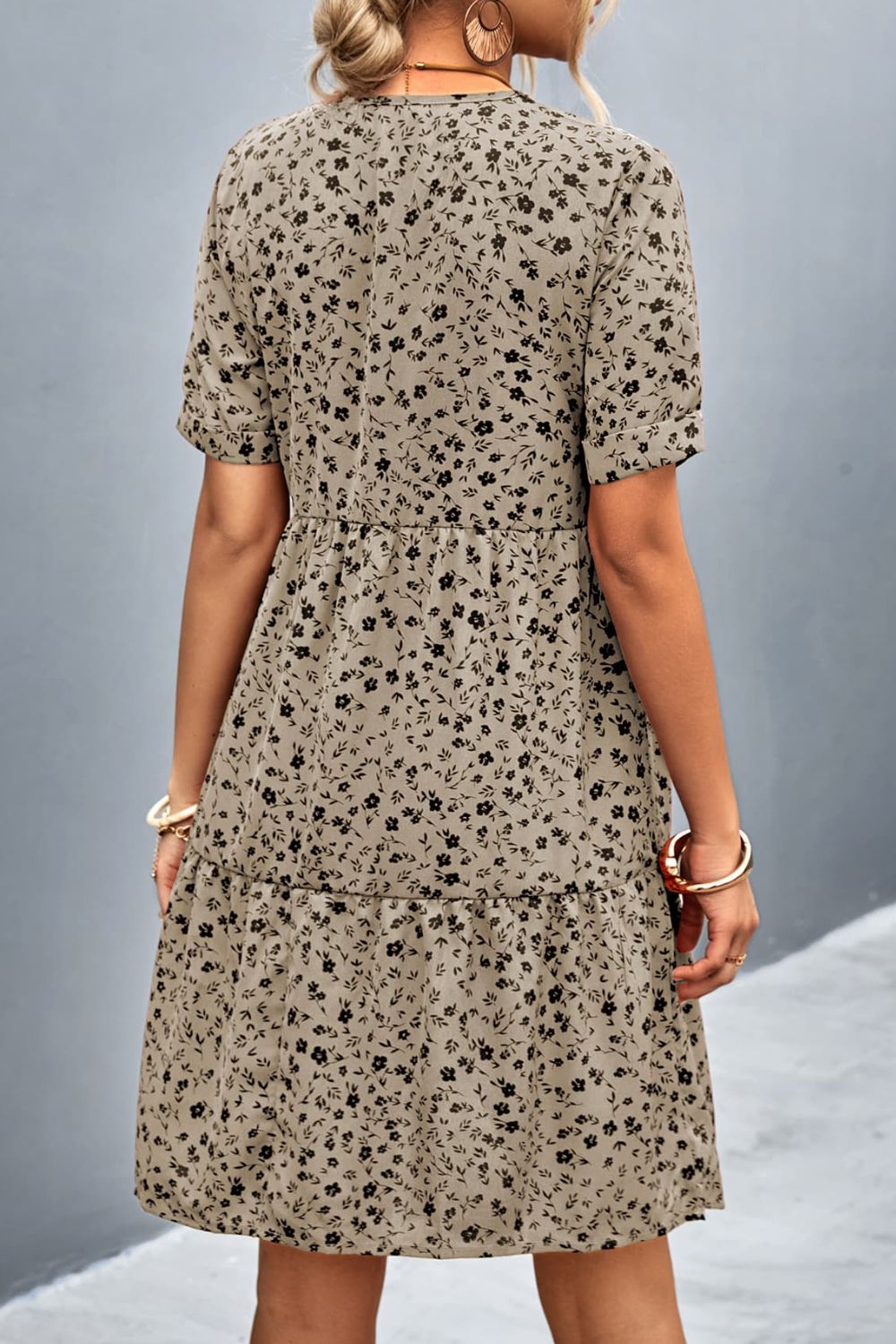 Ditsy Floral Empire Waist Plunge Short Sleeve Dress  Dresses- Doll Fits
