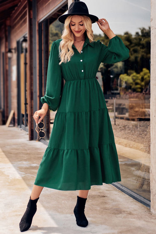 Collared Neck Long Sleeve Midi Dress  Dresses- Doll Fits