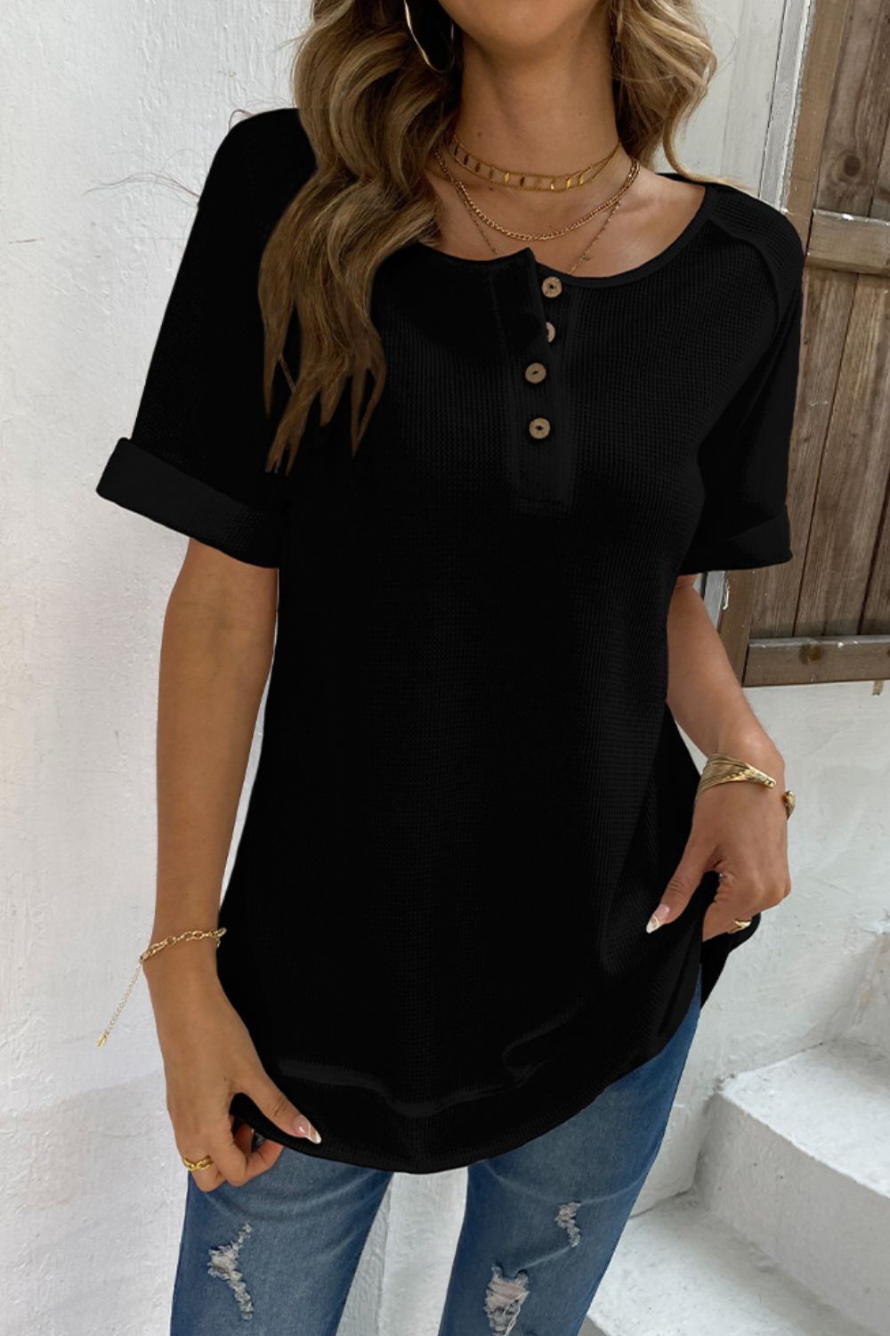 Cuffed Sleeve Henley Top  Shirts & Tops- Doll Fits