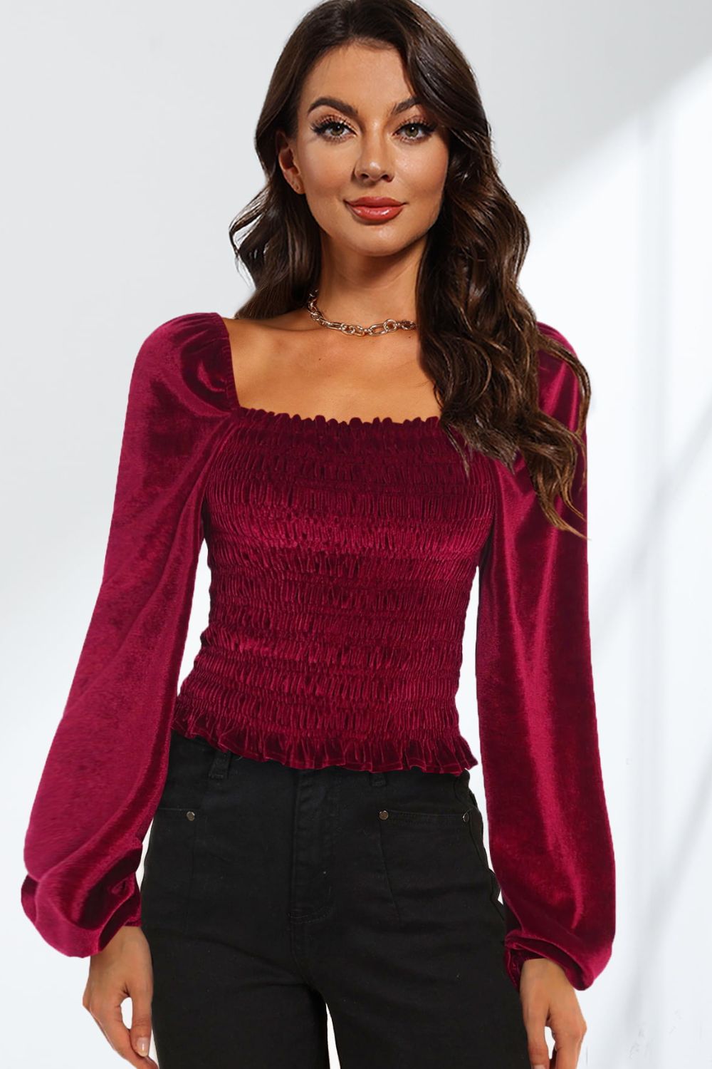 Double Take Smocked Square Neck Long Sleeve Blouse  - Doll Fits