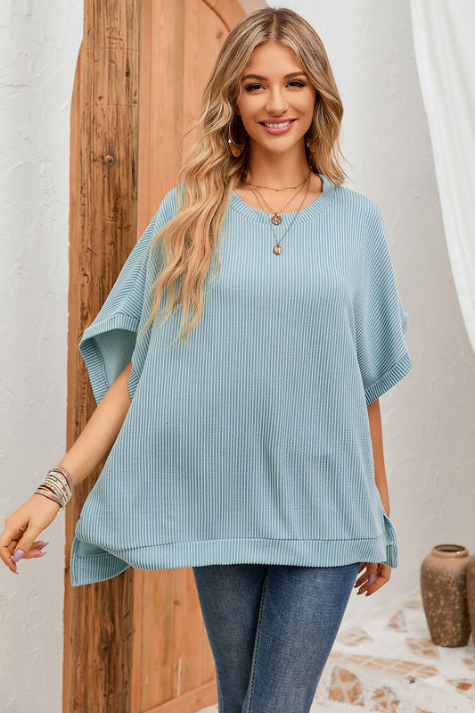 Double Take Full Size Round Neck Ribbed Slit Tunic Top  - Doll Fits