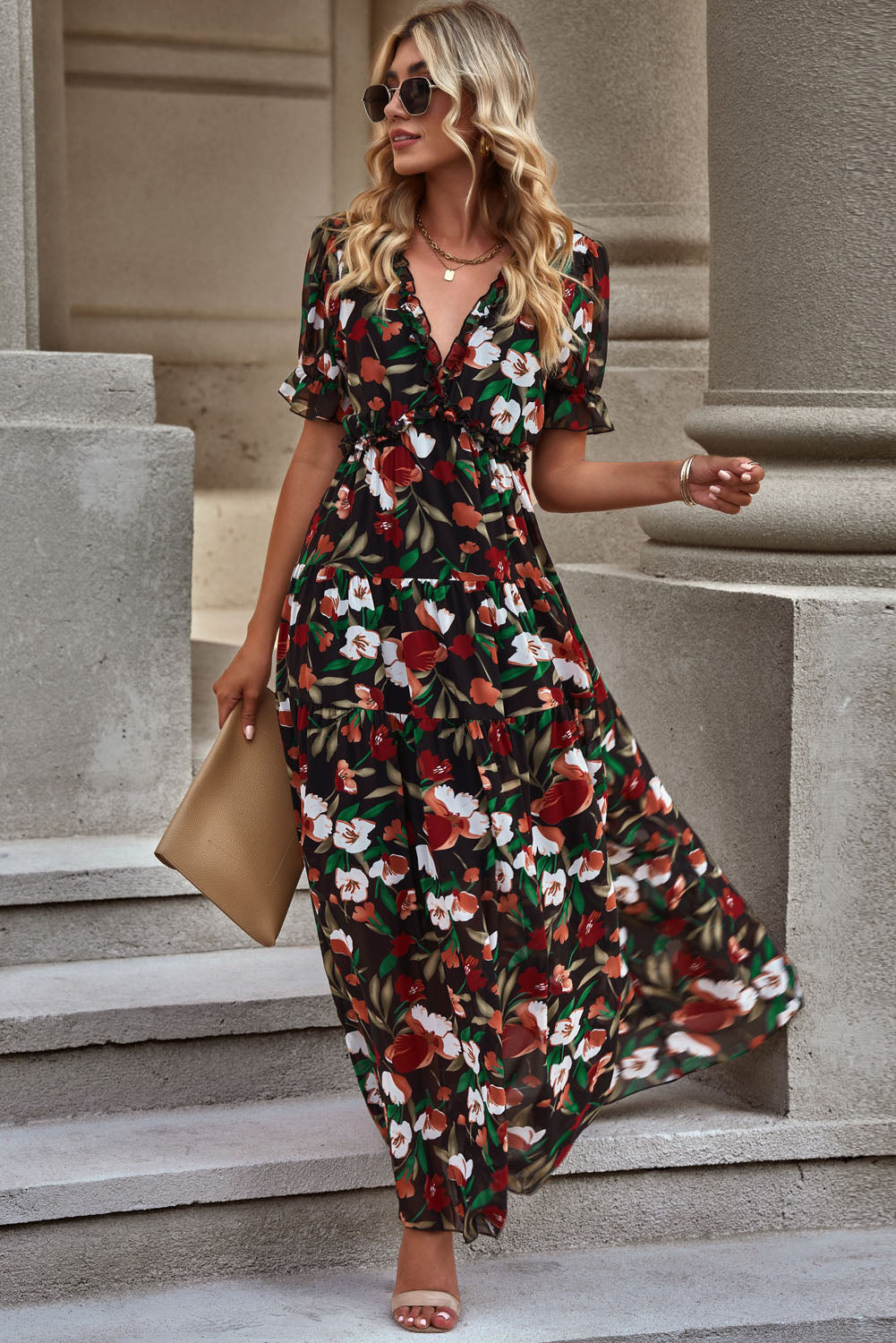 Floral V-Neck Short Flounce Sleeve Dress  Dresses- Doll Fits