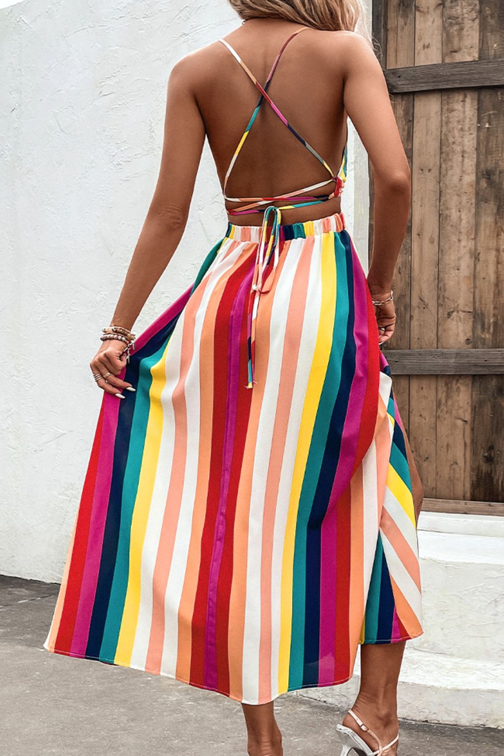 Multicolored Stripe Crisscross Backless Dress  Dresses- Doll Fits