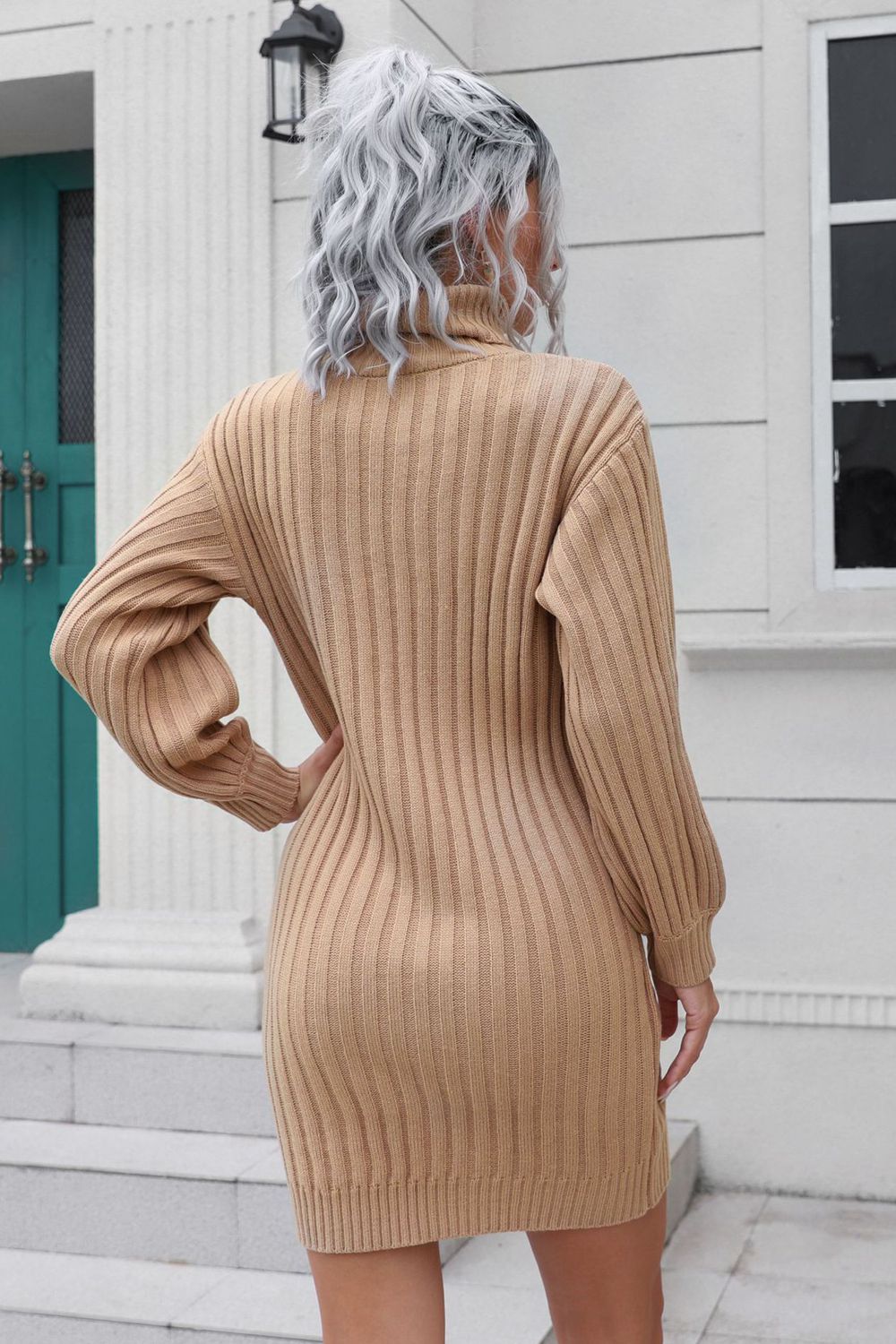 Ribbed Turtle Neck Long Sleeve Mini Sweater Dress  Dresses- Doll Fits