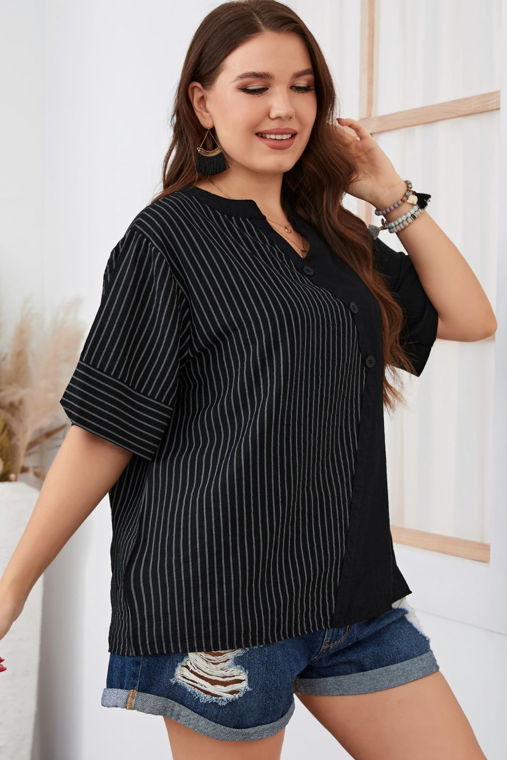 Plus Size Striped Notched Neck Half Sleeve Top  Shirts & Tops- Doll Fits